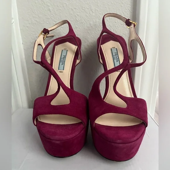 ‼️AUTHENTIC‼️PRADA Suede Magenta Open Toe Wedges 38.5